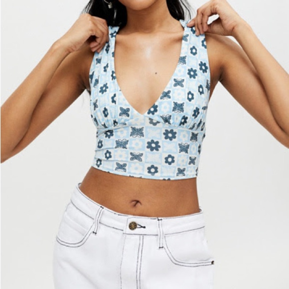 Urban Outfitters Plunging Tie-Back Tank Top Blue Floral Size S